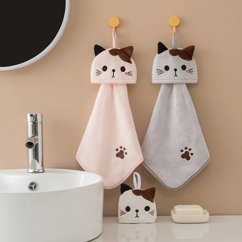 Cartoon Coral Fleece Hanging Hand Towel – Absorbent Quick-Dry Kitchen Washcloth with Hook, Cute Shape Drying Towel for Home Use, Soft Fluffy Dishcloth